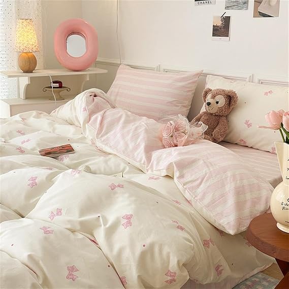 Sedefen Striped Duvet Cover Full Pink White Polka Dot Bow Bedding Set Cute