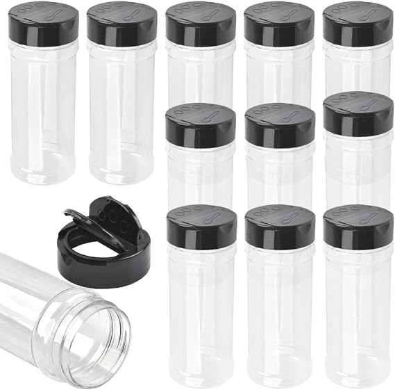 12 Pack Plastic Spice Containers, 8oz Plastic Spice Jars with Black Cap, Plastic Spice Bottles With Shaker Lids, Empty Seasoning Bottles Plastic Seasoning Containers for Spice, Herbs and Powders