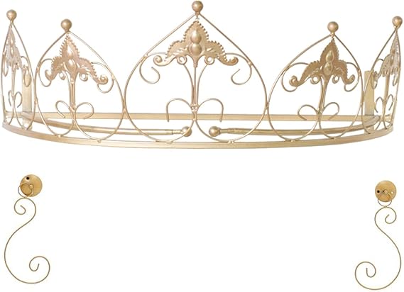 Princess Lace Bed Canopy, Pretty Princess Bed Curtain with Crown and Metal Lights, Decorative Flower Pattern Curtain for Gifts Bedroom King Bed