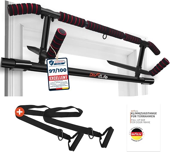DH FitLife Pull Up Bar Doorway | Multiple Grip Chin Up Bar | 200kg Capacity | No Drill Installation & Quick Setup | Foldable Design for Easy Storage | Fits Door Frames 70–92 cm | Sling Trainer Included