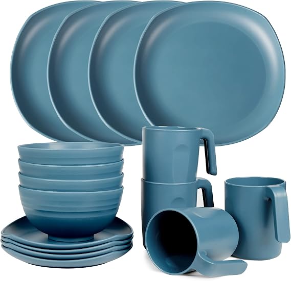 Greentainer Unbreakable Lightweight Dinnerware Sets, Plastic Dinner Set, 4 Dining Plates, 4 Bowls, 4 Cups, Microwave and Dishwasher Safe, Camping Tableware for Kids and Adults, Service for 4(Blue)