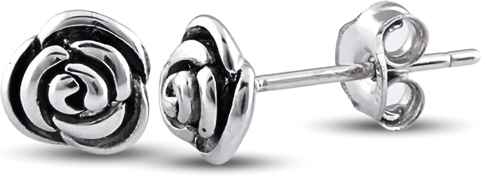 Sterling Silver Rose Earrings Carved Flower Studs 7 mm for Women