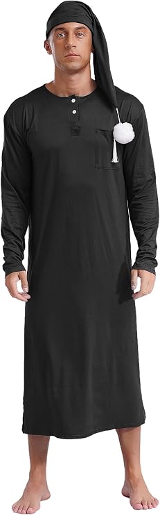 Men's Nightshirt Long Sleeve Nightgown Soft Loose Sleepwear Lightweight Nightwear Sleep Cap