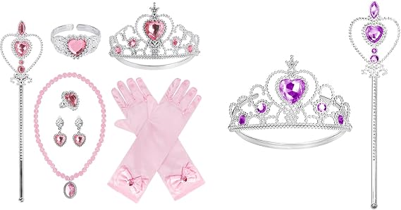 Cocojeci Princess Dress Up Princess Gloves Tiara Wand Necklace Earrings Bracelet and Ring Gift Pink and Purple