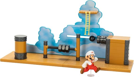 Super Mario Deluxe 2.5in Bowser's Air Ship Playset with Fire Mario Action Figure, Rope Ladder and Screw-Bolt Obstacles