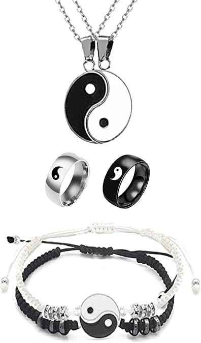 6 pieces Yin Yang Adjustable Cord Bracelet Set for Couple Yin Yang Matching Pendant Necklace for BFF Yin Yang Tai Chi Ring Band for Friendship Boyfriend Girlfriend
