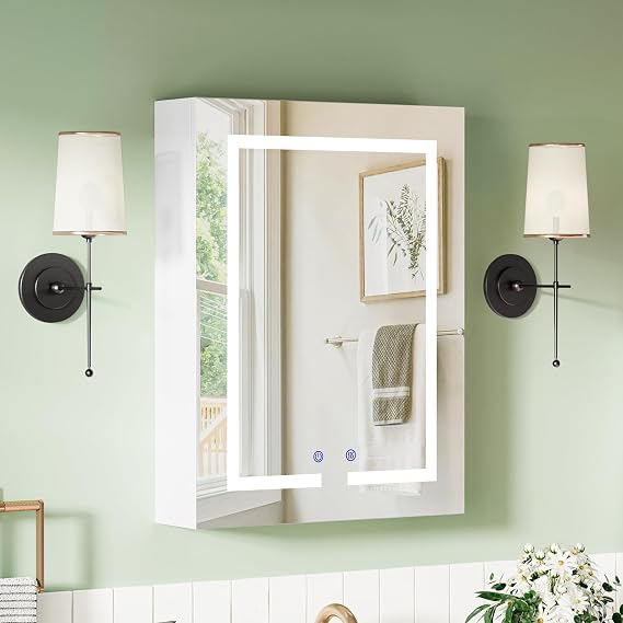 Bathroom Mirror Cabinet 500 x 660 mm with LED Lights, Touch Control, 3 Colour Dimmable Illuminated Mirror, Demister Pad & Shaver Socket