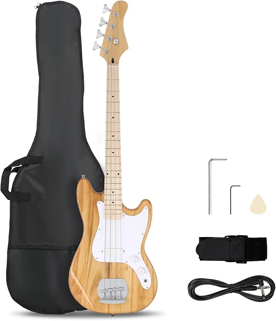 Ktaxon 4 String Electric Bass Guitar, Beginner Electric Bass Guitars Kit | Gig Bag, Shoulder Strap & Cable, Accessories, 42.5" Single-Coil Pickup Bass Guitars W/ Fixed Bridge (Nature)