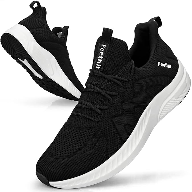 Feethit Trainers Men Running Shoes Sports Walking Gym Sneakers Outdoor | Breathable knitted mesh upper, cushioned inner, grippy EVA rubber sole, slip-on lace-up, fits sports, gym, work &amp; daily wear