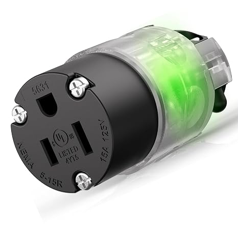 Lighted Extension Cord Replacement Ends15 Amp 125 Volt NEMA 5-15R 2 Pole 3 Wire Grounding Electrical Connectors Female Plug End Replacement 3 Prong Commercial Grade, Black, 1 Pack