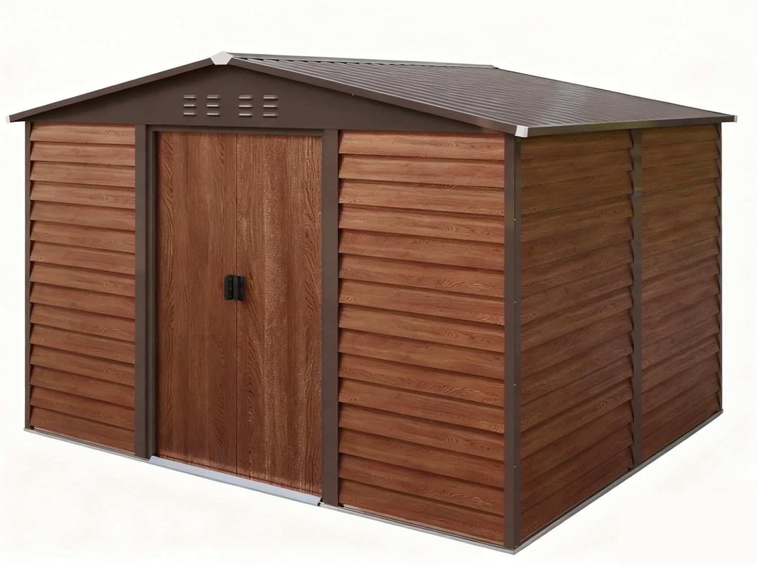 BIRCHTREE 10X8ft Galvanized Metal Garden Shed With Foundation Outdoor Storage Box Tool House Bike Shed Waterproof Apex Roof Lockable Sliding Doors for Backyard, Patio, Garbage Bin, Log