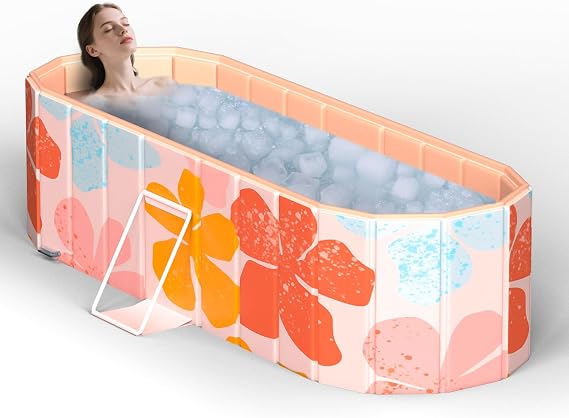 Portable Bathtub for Adults 47" Large Foldable No-Installation Soaking Tub | for Shower Stall, Collapsible Standing Plunge Bath, 5-Layer Insulated Liner, Fast Drain (Pink, 47.2"21.6"19.6")