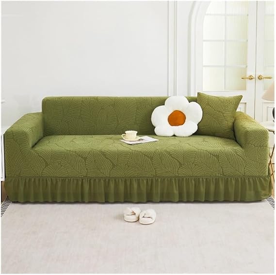 Ruffled Sofa Cover High Stretch Sofa Slipcover Jacquard Universal Spandex Couch Covers For Living Room Easy Fit Washable Furniture Cover With Skirt(Green,3 seaters(190-230cm))