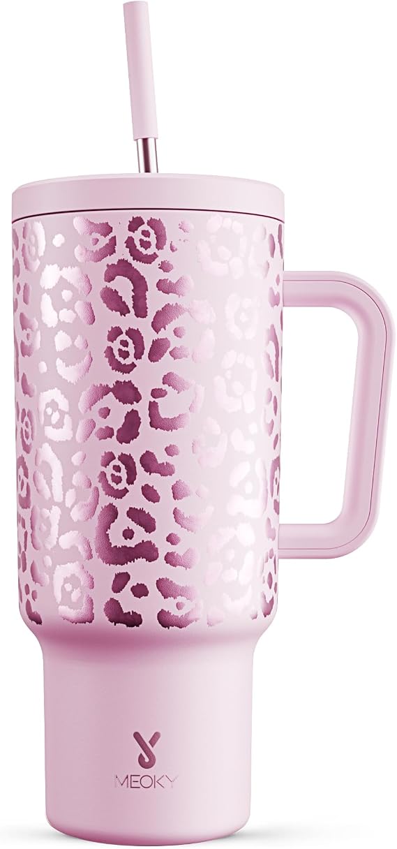 Meoky 1182ml Tumbler with Straw and Lid, 40oz Tumbler with Handle, Insulated Stainless Steel Travel Mug Water Bottle, 100% Leak-Proof, Cold for 34 Hours or Hot for 10 Hours (Pink Leopard)