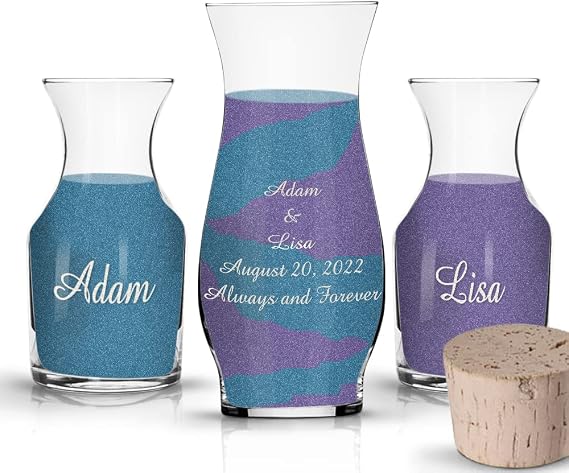 Unity Sand Ceremony Set - for Weddings, Engagement, Anniversary, Memorial, Bridal Party and Keepsake. Sonora style with Claire side vases with cork top