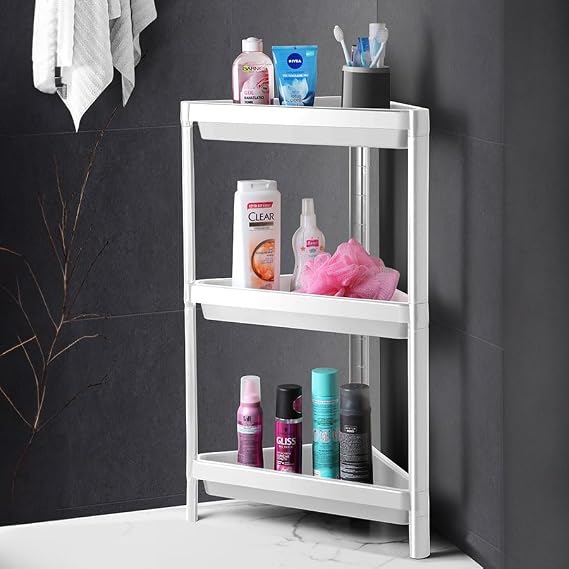 Deconox 3 Katlı Üçgen Köşe Rafı | Banyo, Mutfak ve Kiler İçin Yer Tasarruflu Organizer | Çok Amaçlı Raf Ünitesi | 3 Farklı Renk Seçeneği | (33x71x33cm) (BEYAZ)
