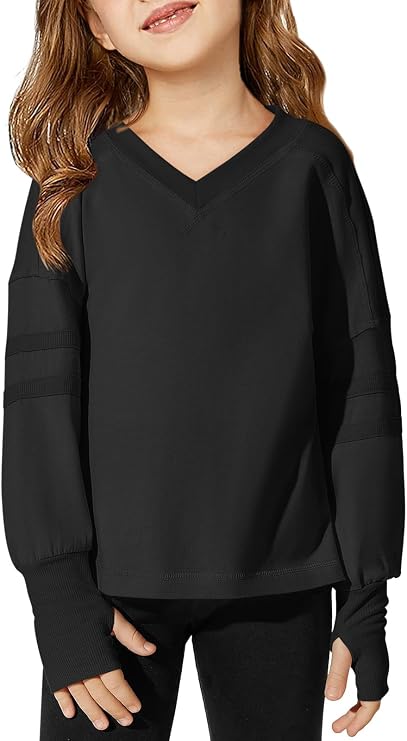 Haloumoning Girls Oversized Long Sleeve T Shirts Kids Casual V Neck Cute Tops Basic Tees with Thumb Holes 4-14Y