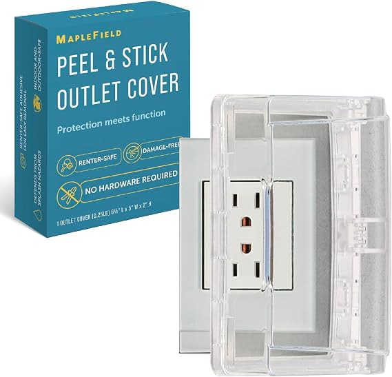 Maplefield Peel and Stick Outlet Cover for Single Stack US Outlets Waterproof Splash Guard with Button-Hinged Secure Closure for Indoor & Outdoor Use, 6.3-Inch x 5-Inch