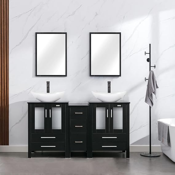 eclife 60" Modern Bathroom Vanity Sink Combo Freestanding Cabinet with Small Side Cabinet, White Boat Ceramic Vessel Sink, Water Save Faucet, Drain (Black+T44)