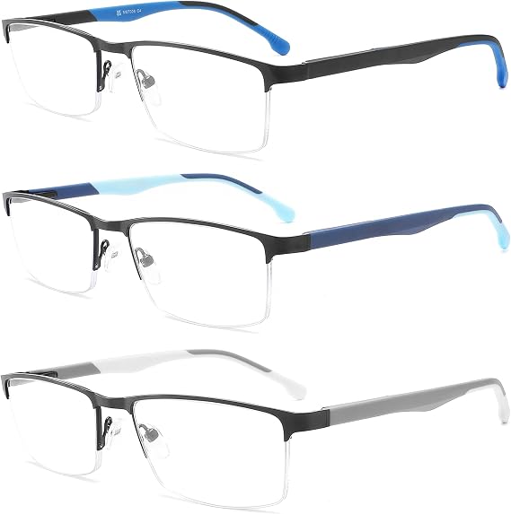 MODFANS 3-Pack Reading Glasses Men (Blue Light Blocking) Metal Frame Rectangle Style Stainless Steel Material Readers Glasses