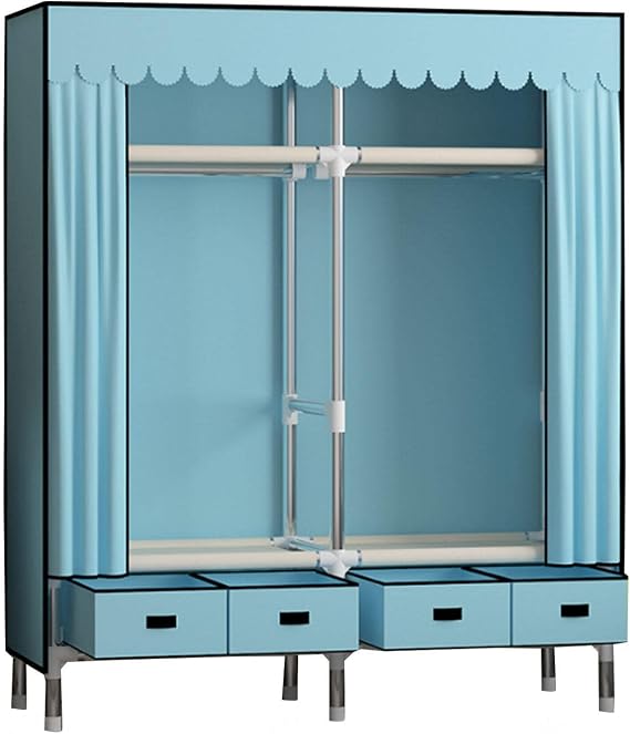 Portable Canvas Wardrobe, Fabric Wardrobe with Hanging Rail, Shelves, Clothes Closet Storage Organizer, Fabric Wardrobe for Bedroom,Blue-140x45x168cm