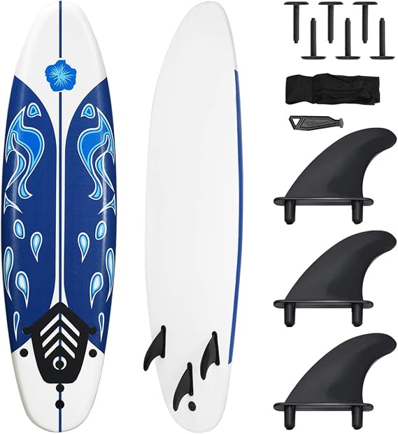 Giantex Surfboard, 6 Ft Stand Up Surfing Board w/ 3 Detachable Fins, Safety Leash, Non-Slip Lightweight Foam Surfboard for Kids, Teenager, Adults