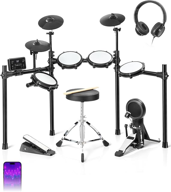 Ktaxon Electric Drum Set, Electronic Drum Set USB MIDI Dual Power Full Kit | Dual Zone Triggering, 3 Smart Coaching, Metronome, Record, 225 Authentic Sounds, 64 Polyphony & 30 Demos for Adults(Full)
