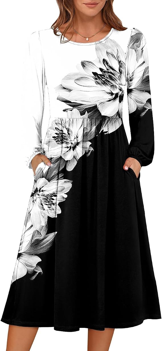 FQZWONG Womens Dresses Fall Crewneck Dresses Trendy Empire Waist Midi-Dress Casual Loose Long Sleeve Clothing with Pockets