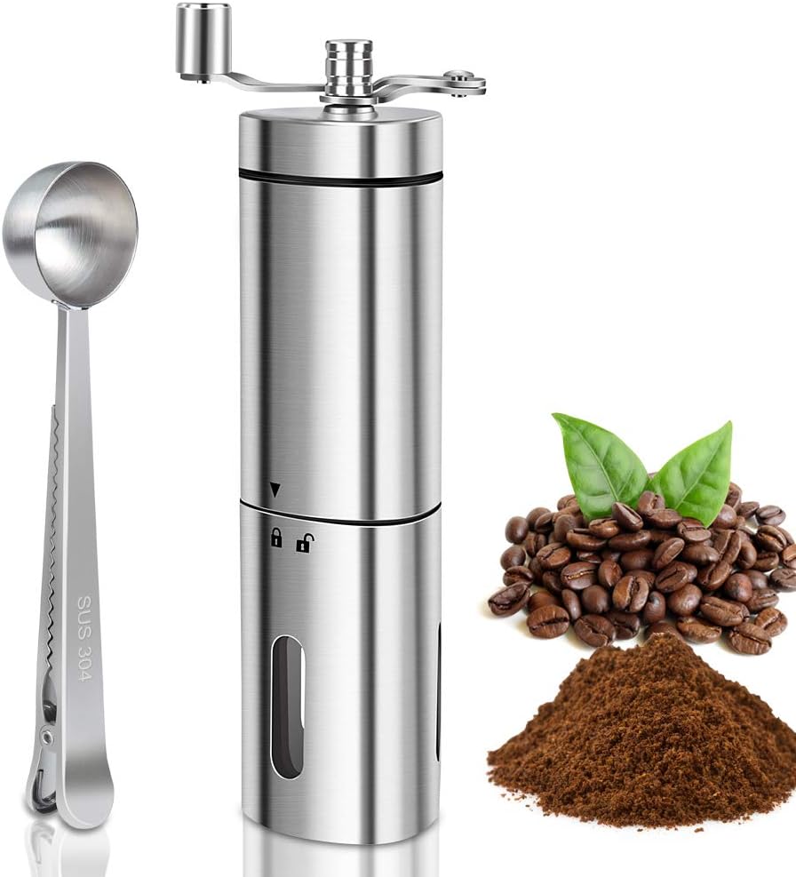 Manual Coffee Grinder with Adjustable Setting - Ceramic Conical Burr Mill & Brushed Stainless Steel Coffee Grinder for Aeropress, Drip Coffee, Espresso, French Press, Turkish Brew with Measuring Spoon