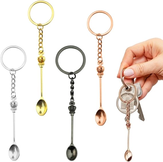 4 PCS Mini Spoon, Tiny Spoons, Mini Spoons Keychain, Mini Crown Spoons Keychain Pendant Necklace, Gadget for Men Women Backpack Pendant Party Favors, Ring for Filling Vials with Salts, Sand