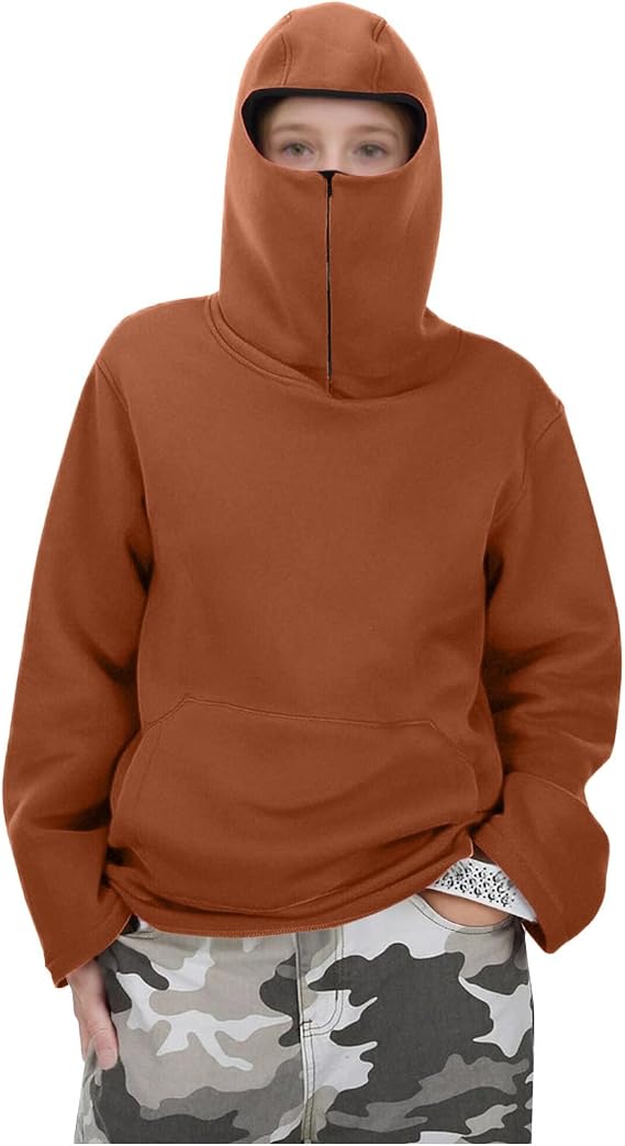Kids Ski Mask Hoodie Boys Girls Fall Winter Windproof Balaclava Hoodie Zipper Workout Athletic Sweatshirts Pullovers