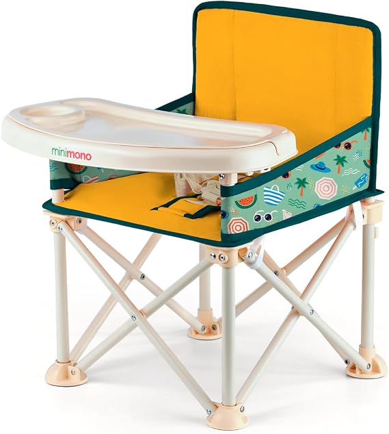 Minimono Plus Taşınabilir ve Katlanabilir Mama Sandalyesi – Bebek ve Küçük Çocuklar için Tepsili Yükseltici Sandalye, Güvenlik Kemeri, Kolay ve Kompakt Katlama – Taşıma Çantalı (Sarı - Plaj)