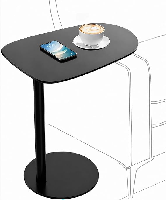 C Shaped End Table for Couch - Modern Metal Sofa Side Table with Round Base | Space-Saving Accent Table for Living Room, Bedroom & Small Spaces, Black, 24.8" H
