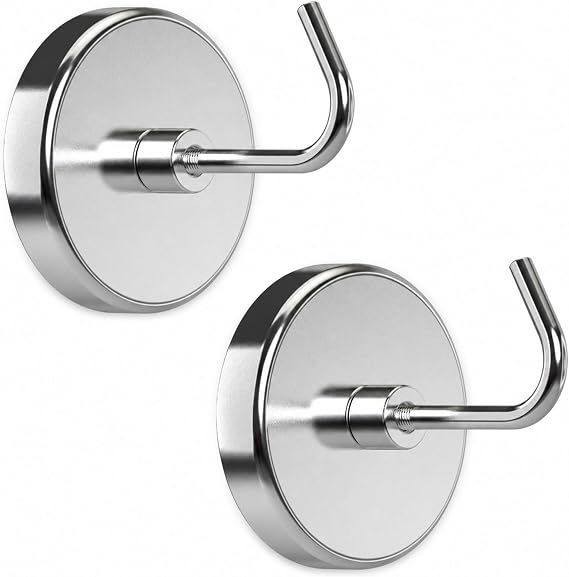 PRIMADA Extra Strong Magnetic Hooks (2 Pack, Chrome) Heavy Duty Neodymium Magnet Hooks