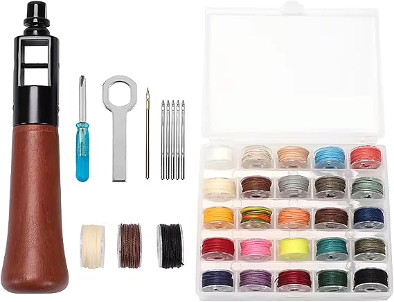 WUTA Repair Stitch Kit Leathercraft Stitch Awl Tool with 25 Colors 0.65mm Wax Thread, for Leather, Belt, Canvas, Fabric, Bag Repair Professional Stitcher Leather Craft Tool
