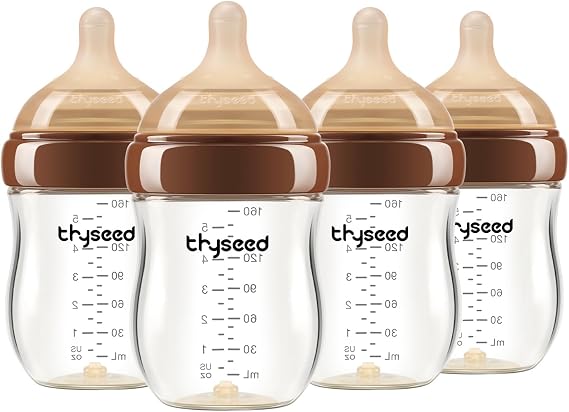 Thyseed 乳児用アンチコリックガラス哺乳瓶、自然な授乳、乳房のような新生児のスローフロー乳首1m+、5オンス、4パック