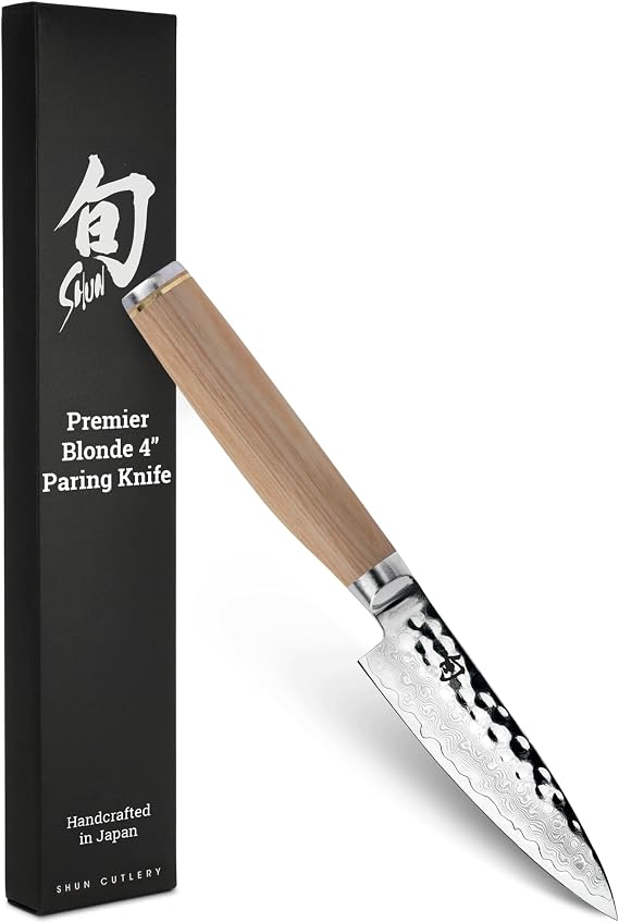 Shun Premier Blonde 4" Paring Knife, Handcrafted Japanese Vegetable & Fruit Knife, VG-MAX Core with Damascus Stainless Steel Cladding, Pakkawood Handle, Small Tool for Peeling, Coring & Cutting
