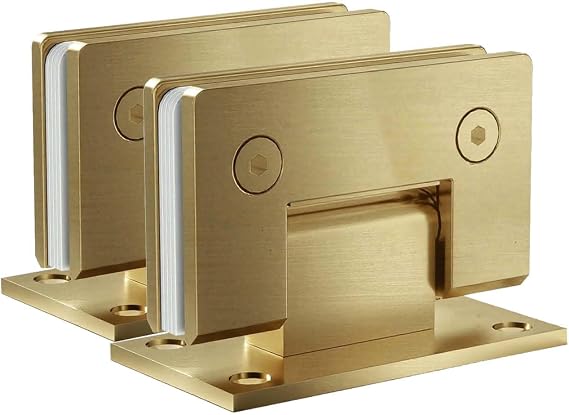 90 Degree Glass Shower Door Hinges, Heavy Duty Brushed Gold Glass Door Hinge for Bathroom, 2 PCS 304 Stainless Steel Shower Door Hinges for 1/4" to 1/2" Frameless Glass Shower Door