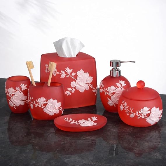 Decozen Bathroom Accessories 6Pcs Set, Soap Dispenser, Toothbrush Holders, Tumbler, Soap Dish & Cotton Swab Jar Modern Bathroom Decor, Modern Farmhouse Decor, Countertop Accessories, Red