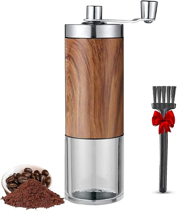 Manual Coffee Grinder, Coffee Bean Grinder with Adjustable Settings, Stainless Steel Hand Coffee Mill for Camping Home and Office, Metallic Wood