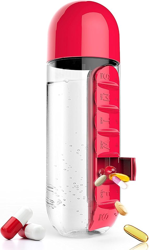 Su Şişesi Hap Kutusu, Taşınabilir 7 Günlük Su Şişesi Hap Kutusu, 600 ML Hap Düzenleyici Su Şişesi Hap Kutusu Ofis Açık Hava Seyahat Spor Fitness Hap Hafta Kombinasyonu (Kırmızı)