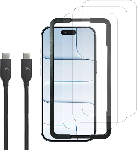 Tech Armor Complete Protection for Apple iPhone 17 Air 6.5 Inch - Premium Ballistic Glass Screen Protector (3 Pack), Camera Lens Protector, and 6 Feet Fast Charge/Data Sync USB C to USB C Cable (bla