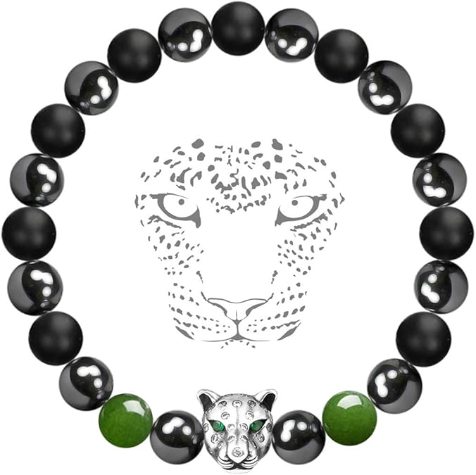 Karseer Black Panther bracelet, Hematite and Onyx Natural Crystals Healing Stone Beads Energy Balance Bracelet Stress Relief Jewelry Gift for Men and Women