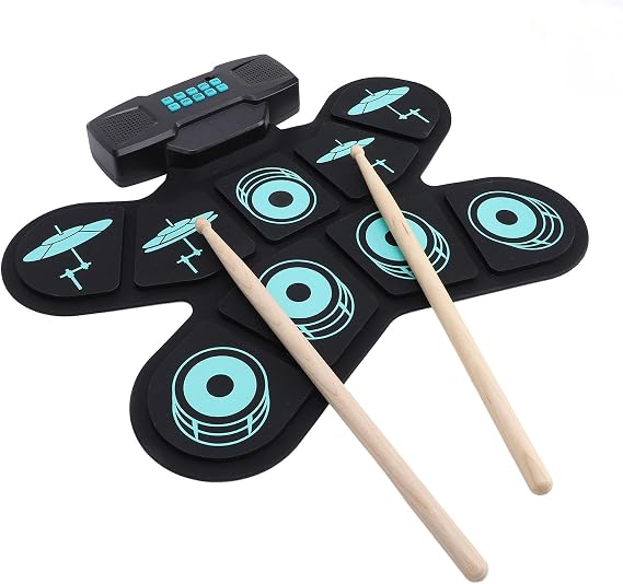 Electronic Drum Set, 9 Roll Up Drum Practice Pad with Drum Pedals & Drum Sticks, Portable Drum Pad Machine Built in Stereo Speakers with Headphone Jack, Birthday Gifts for Kids