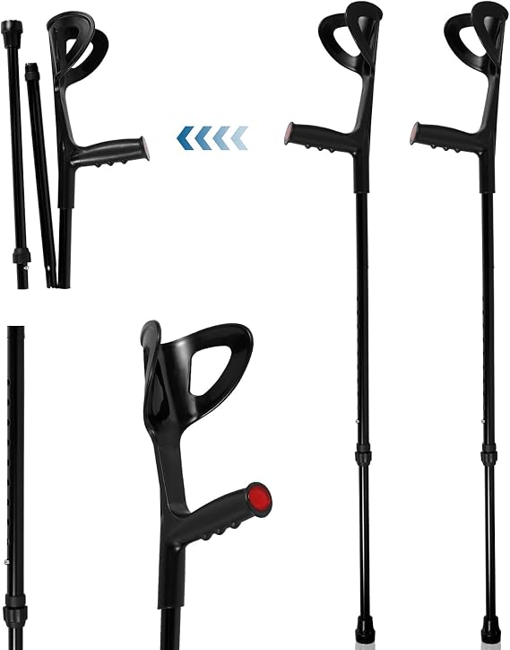 Double Adjustable Elbow Crutches for Adult 92.5-125cm, Folding Walking Crutch Set with Ergonomic Handle & Anti Slip Rubber Base & Reflective Safety Cap and Aluminum Alloy Frame for Men and Women