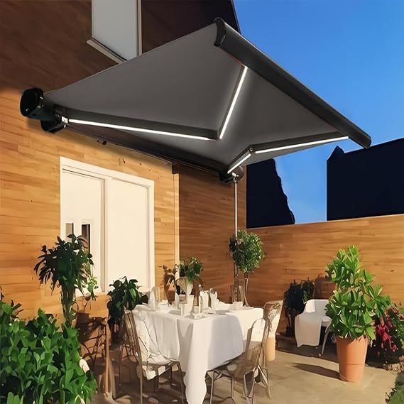 Motorized LED Light Awnings, Patio Door Window Sunshade Shelter Outdoor Canopy, with Remote Control, Fully Assembled(Gray,2X1.5m)