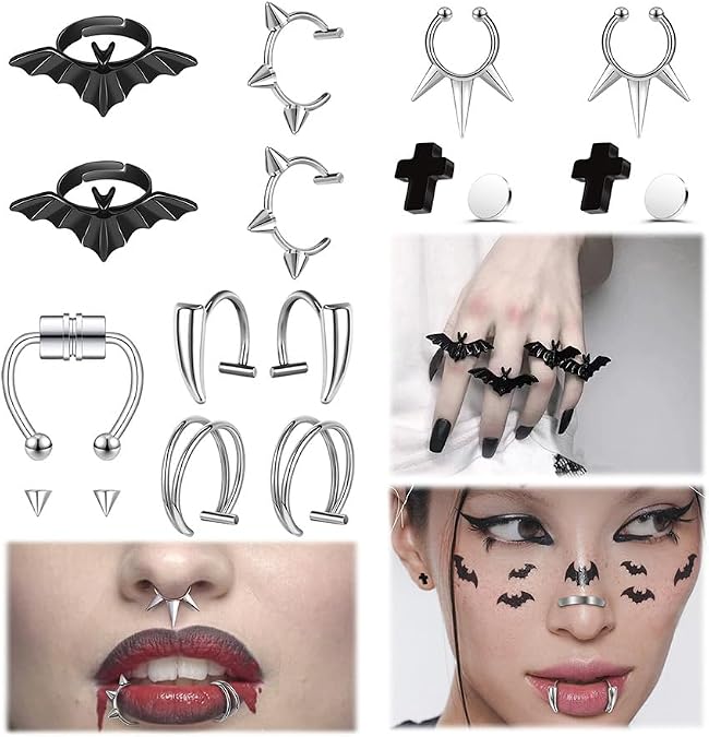 9Pcs Fake Piercing Jewelry Set Fake Septum Nose Ring, Vampire Teeth Lip Ring, Clip-On Lip Cuff, Faux Ear Cuff Earrings Nose Hoop, Non Pierced Body Jewelry for Men Women Halloween