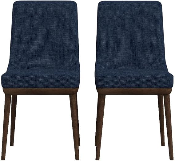 ASHCROFT Mid Century Modern Grayson Blue Upholstered Fabric Kitchen and Dining Chairs with Walnut Finish(Set of 2)