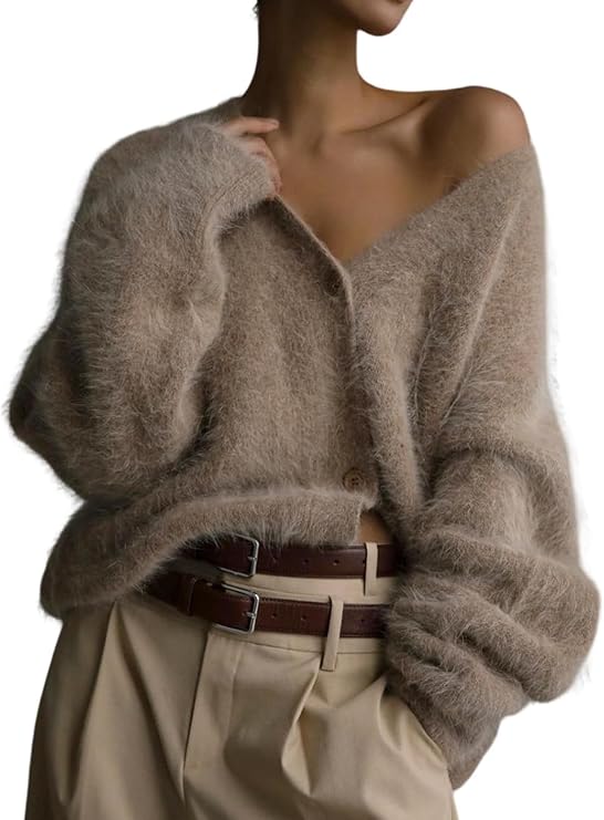 Arssm Womens Fuzzy Cardigan Sweater V Neck Sweaters Fluffy Top