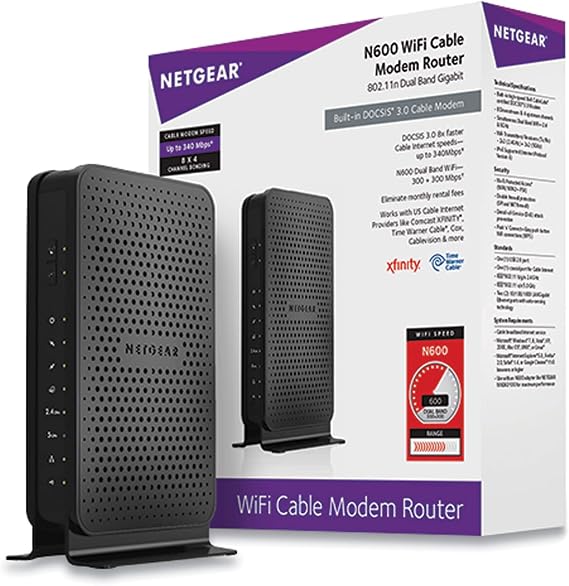 Netgear C3700-100NAS N600 (8x4) WiFi DOCSIS 3.0 Cable Modem Router (C3700) Certified for Xfinity from Comcast, Spectrum, Cox, Spectrum & More